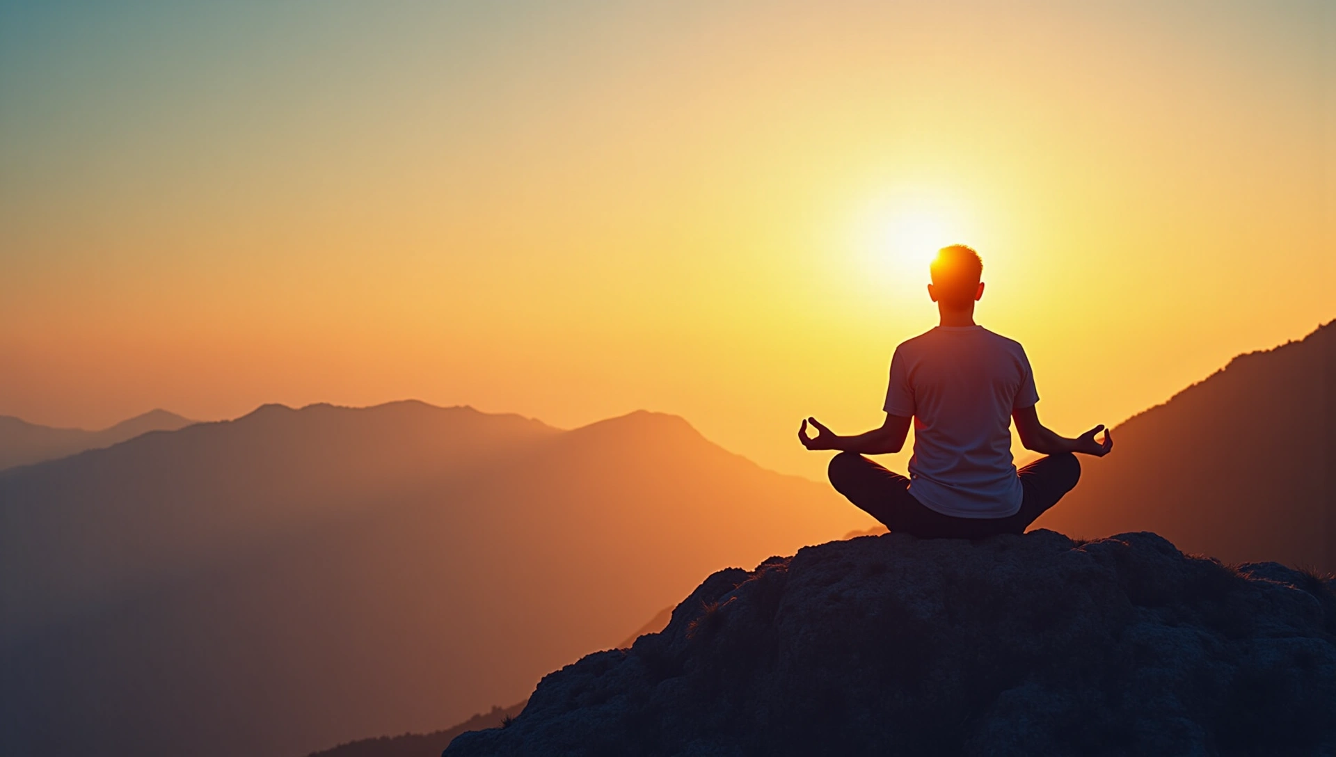 Man meditating with rising sun in the background