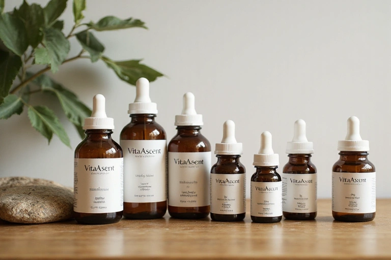 Assortment of VitalAscent natural supplement bottles with natural elements